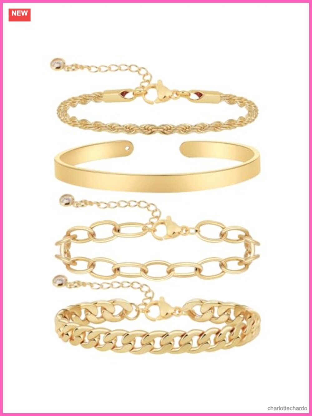 14K Gold Plated Bracelet Set Adjustable Rope Paperclip Cuff Herringbone